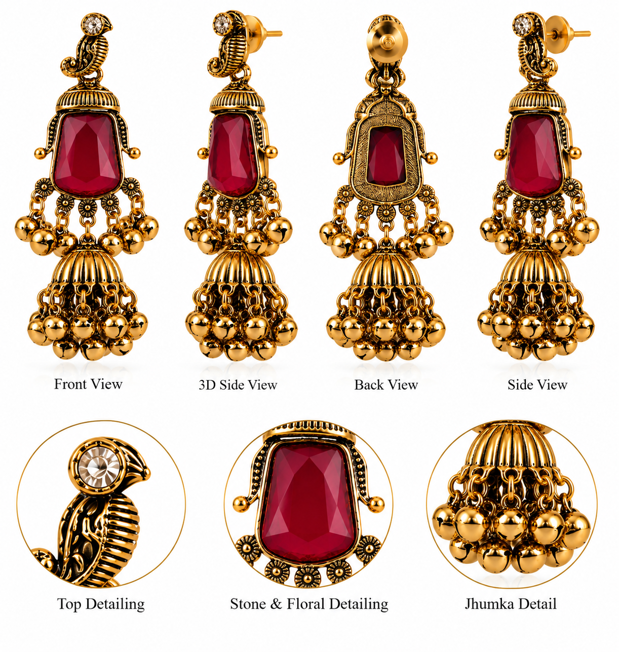 Antique Gold Emerald & Ruby Jhumka Earrings