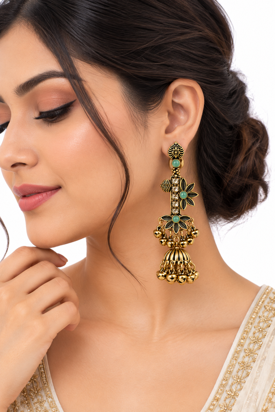 Antique Floral Jhumka Earrings with Stone Accents – Green & Ruby