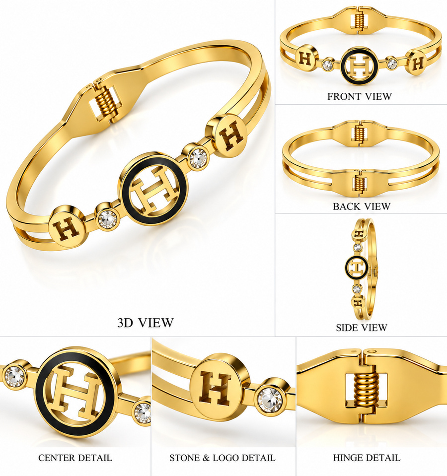 Gold-Tone H Motif Bangle Bracelet with Black Enamel & Crystal Accents