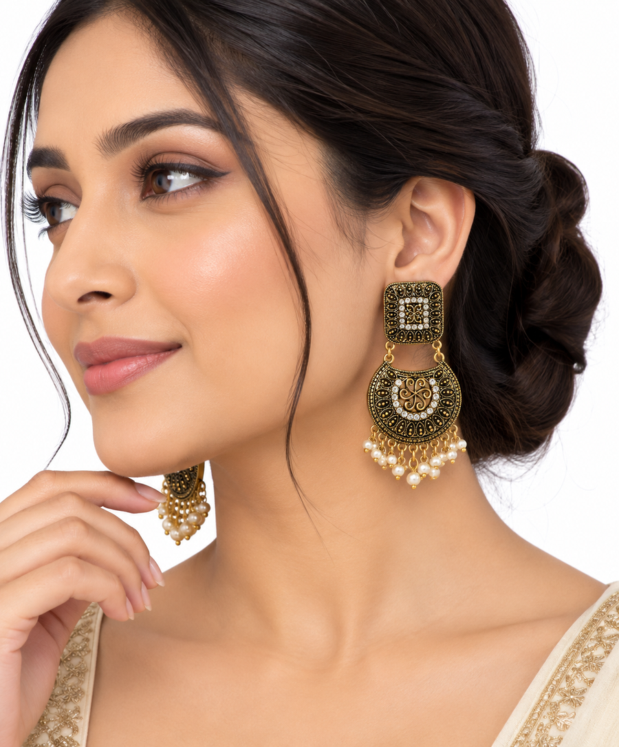 Antique Gold Pearl Tassel Chandbali Earrings