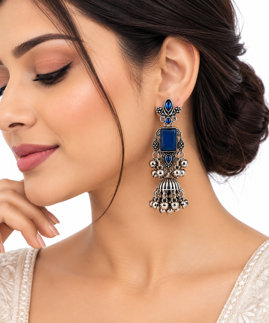 Royal Blue Oxidized Silver Jhumka Earrings