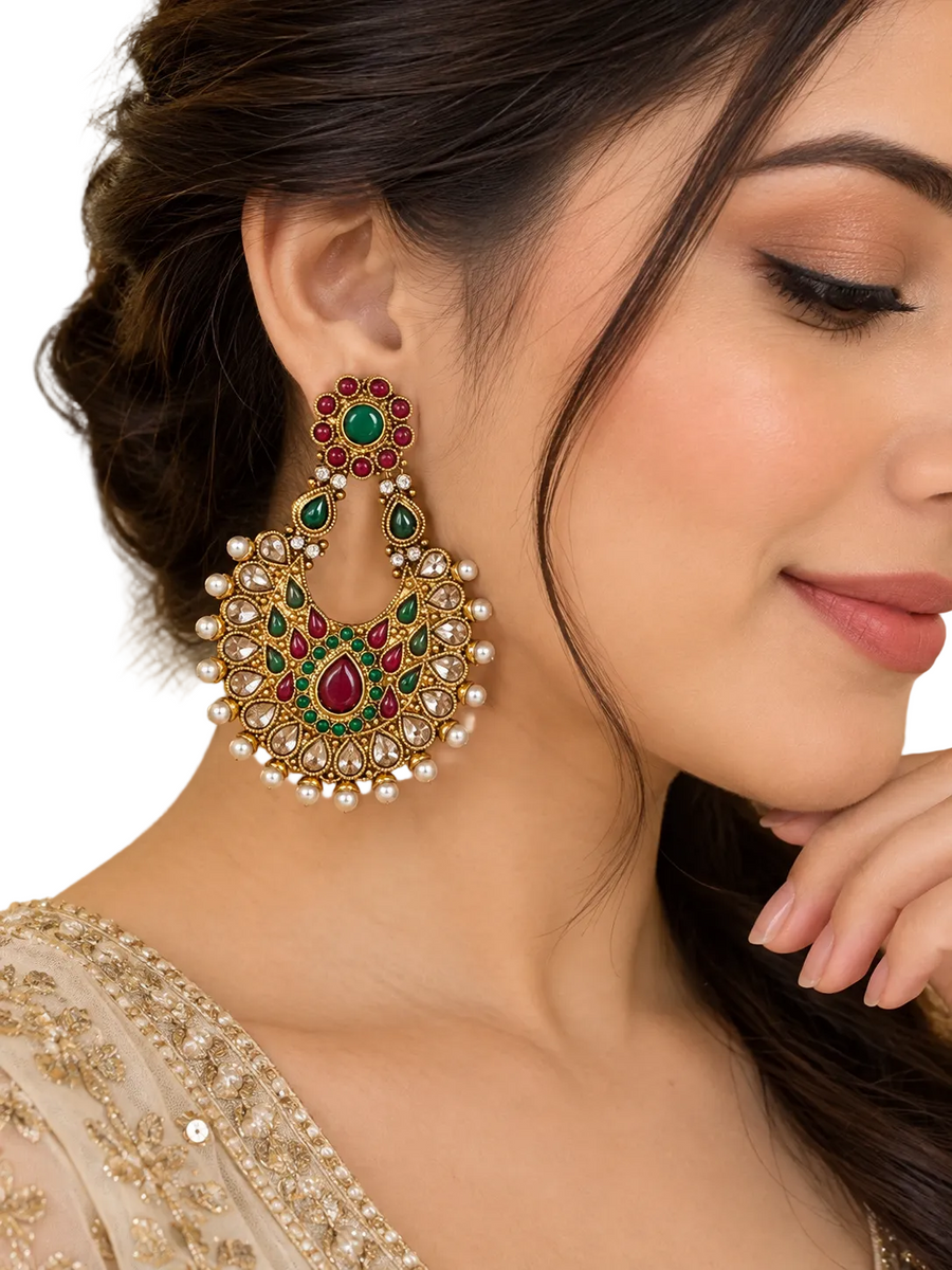 Royal Emerald & Ruby Chandbali Earrings with Pearl Drops