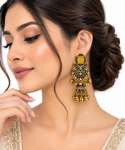 Royal Antique Jhumka Earrings with Statement Stone & Golden Ghungroo