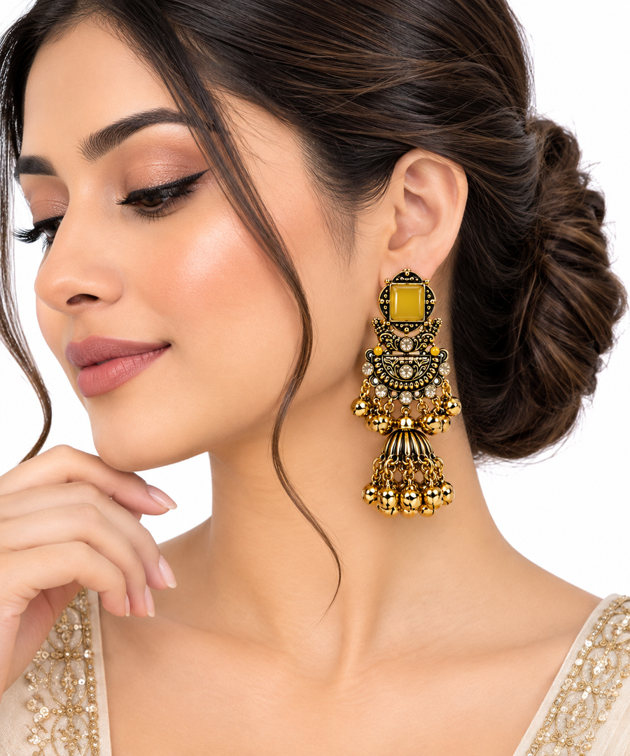 Royal Antique Jhumka Earrings with Statement Stone & Golden Ghungroo