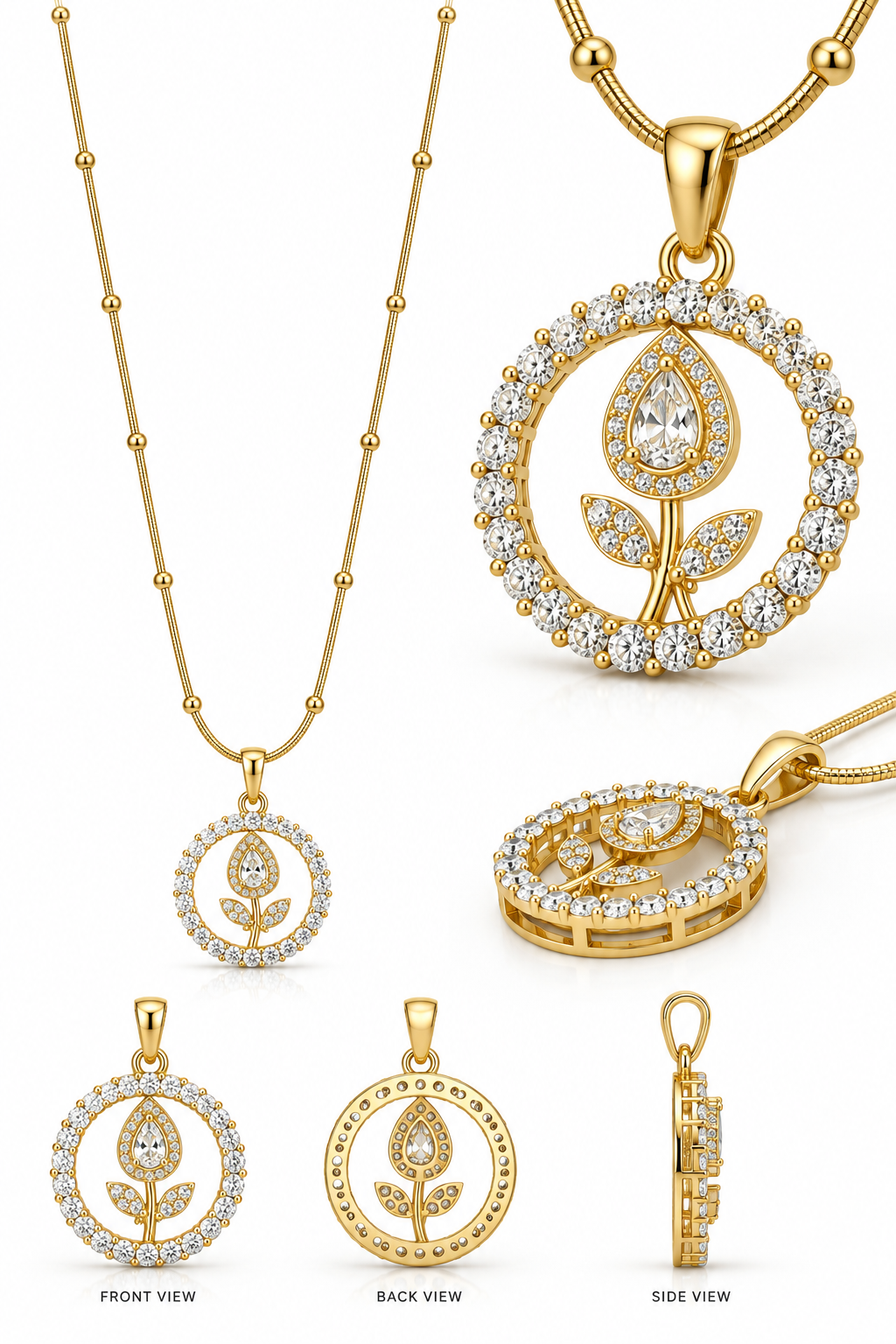 Crystal Rose Pendant Necklace – Gold Tone