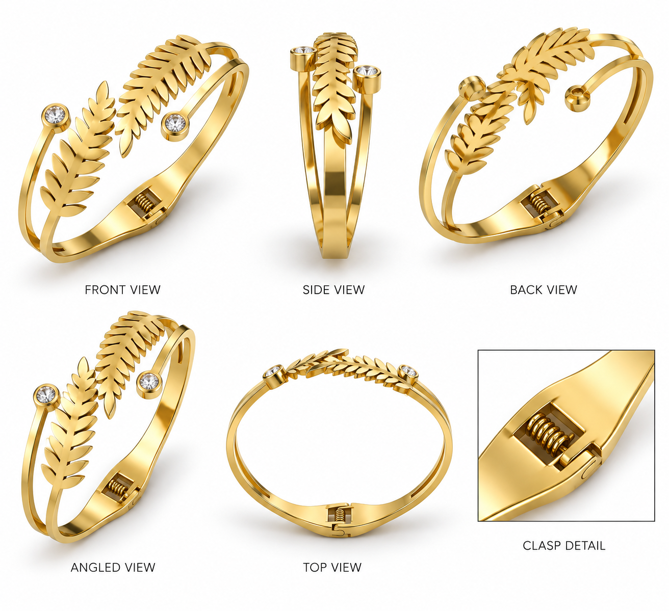 Golden Leaf Cuff Bracelet with Crystal Accents