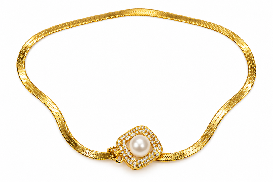 Gold Pearl Square Pendant Necklace