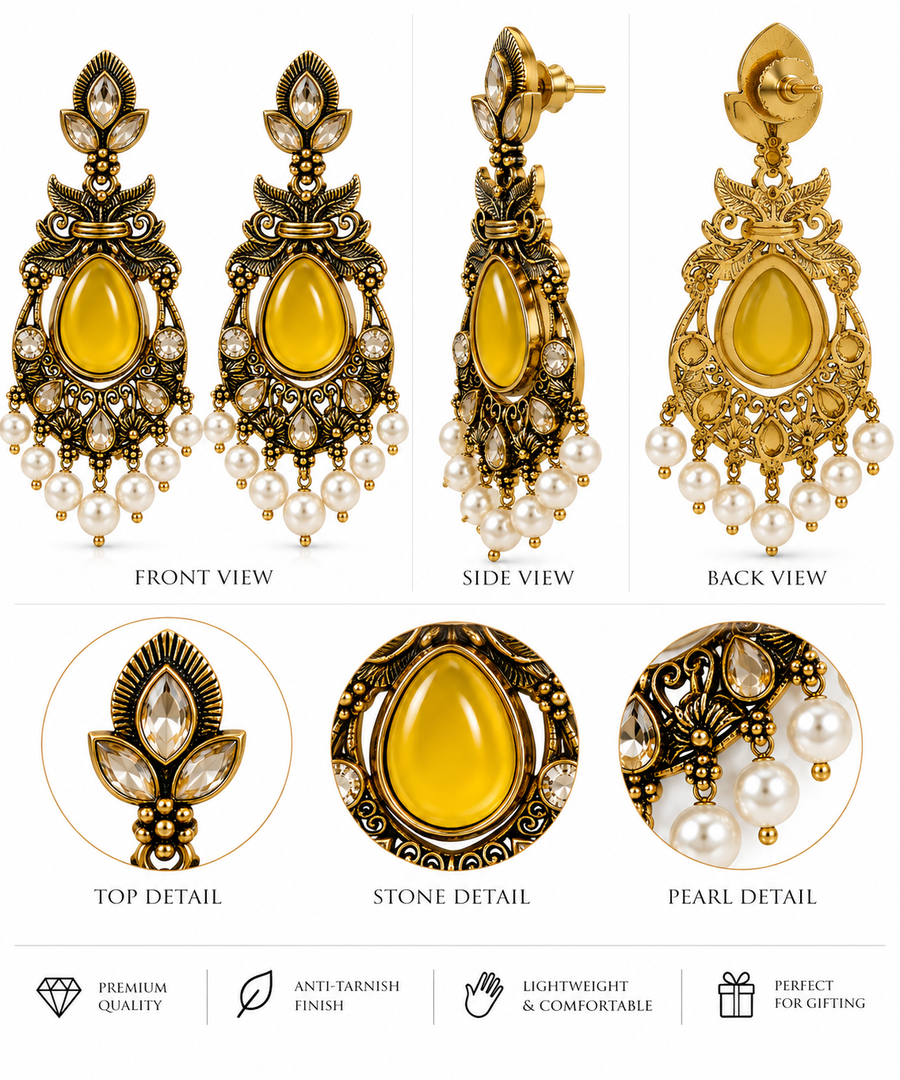 Antique Gold Teardrop Chandbali Earrings with Pearl Drops – Yellow & Purple