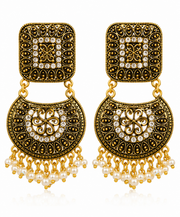 Antique Gold Pearl Tassel Chandbali Earrings