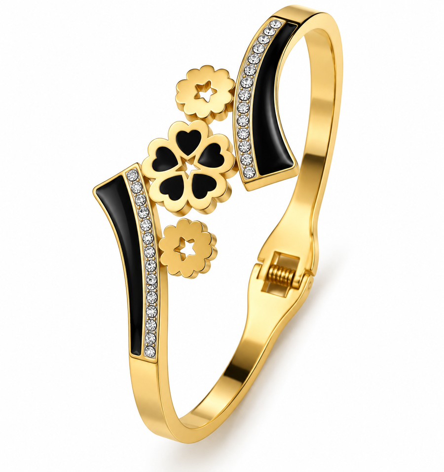 Black Enamel Clover Cuff Bracelet with Crystal Accents