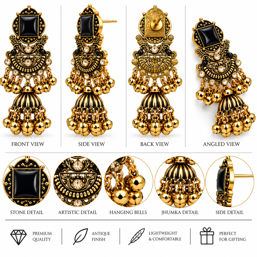 Royal Antique Jhumka Earrings with Statement Stone & Golden Ghungroo