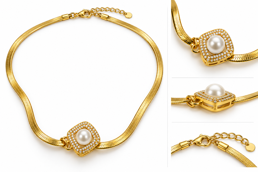 Gold Pearl Square Pendant Necklace