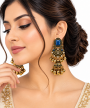 Royal Antique Jhumka Earrings with Statement Stone & Golden Ghungroo