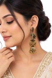 Antique Floral Jhumka Earrings with Stone Accents – Green & Ruby
