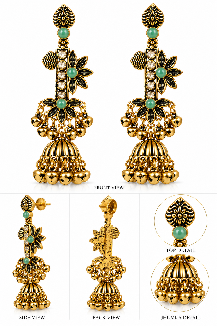 Antique Floral Jhumka Earrings with Stone Accents – Green & Ruby