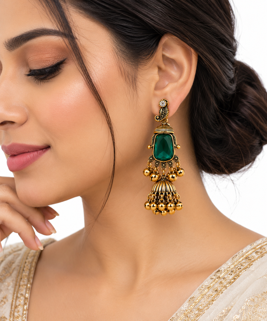 Antique Gold Emerald & Ruby Jhumka Earrings