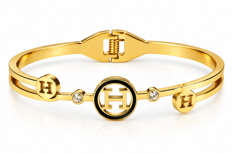 Gold-Tone H Motif Bangle Bracelet with Black Enamel & Crystal Accents