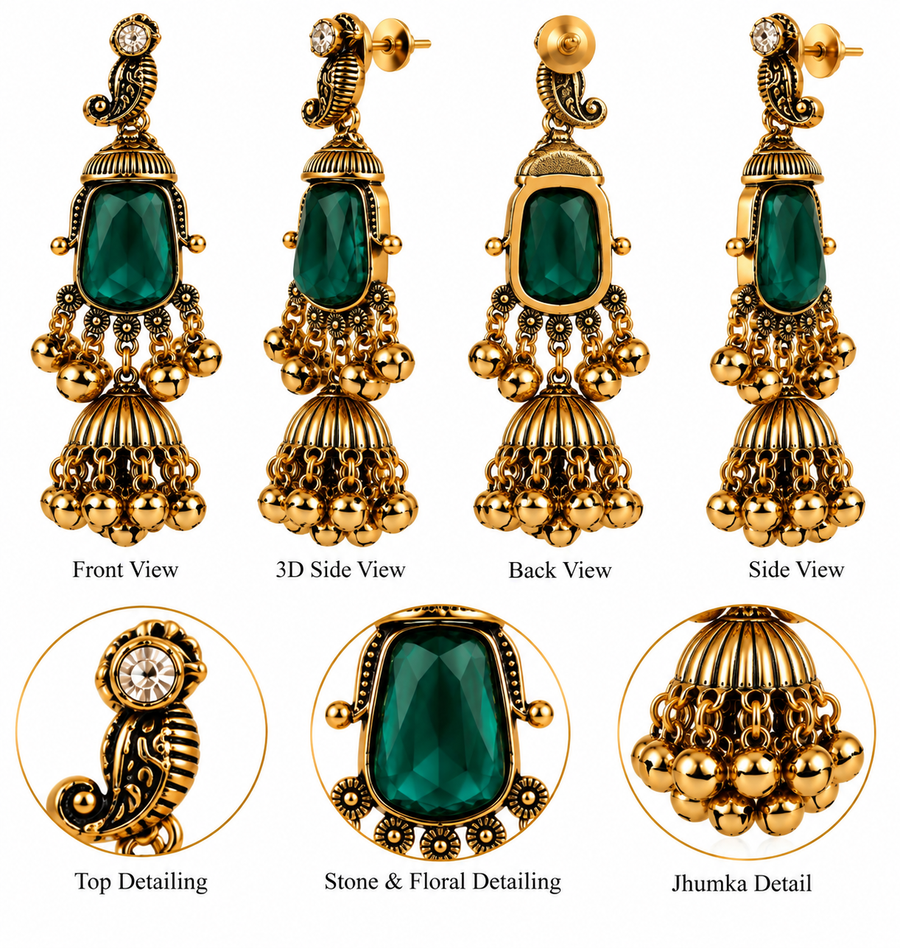 Antique Gold Emerald & Ruby Jhumka Earrings
