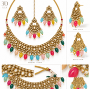 Multicolor Kundan Pearl Choker Necklace Set with Earrings & Maang Tikka