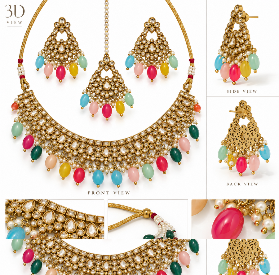 Multicolor Kundan Pearl Choker Necklace Set with Earrings & Maang Tikka