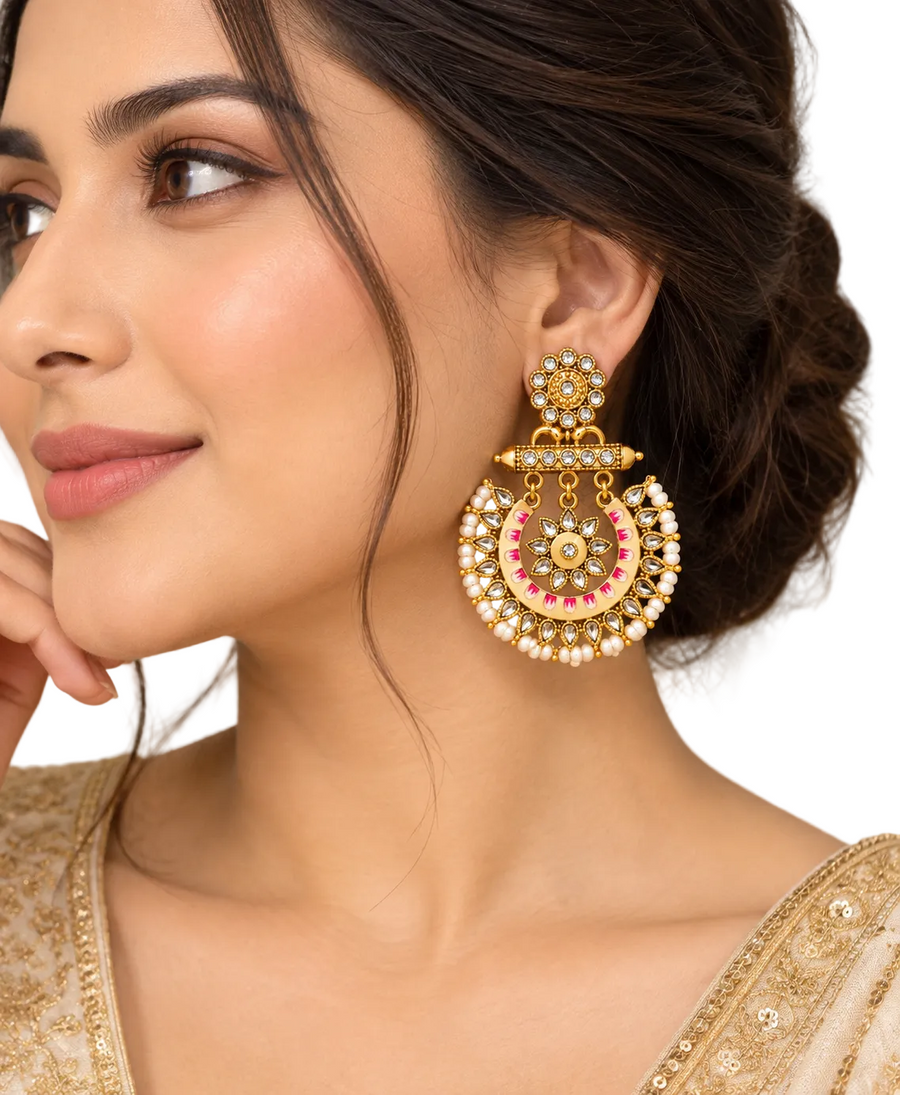 Royal Gulabi Kundan Chandbali Earrings