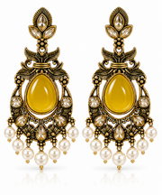 Antique Gold Teardrop Chandbali Earrings with Pearl Drops – Yellow & Purple