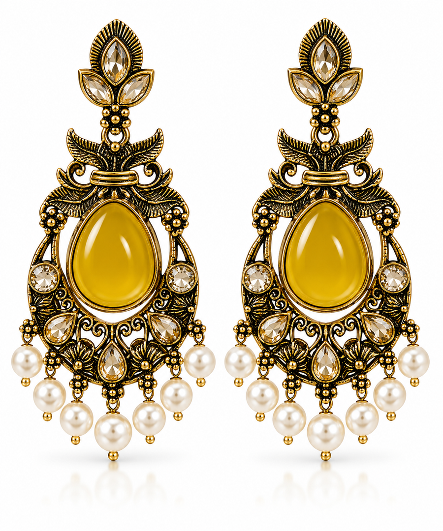 Antique Gold Teardrop Chandbali Earrings with Pearl Drops – Yellow & Purple